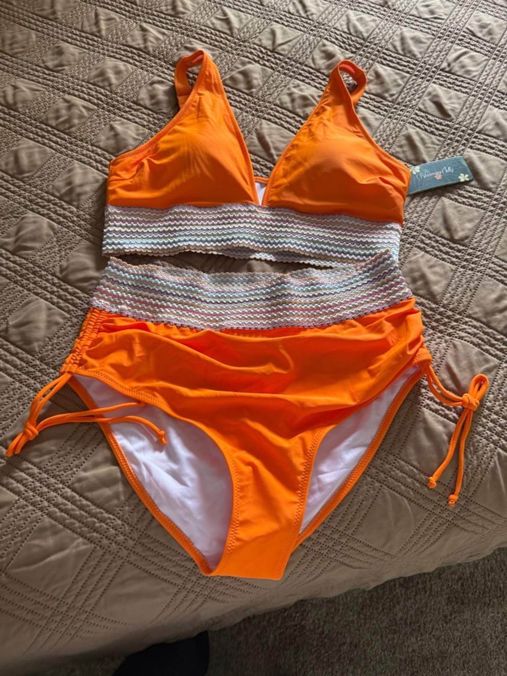 Women's Orange Two-Piece Tankini Bikini with Textured Waistband